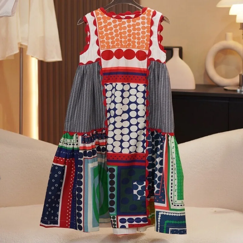 

New Summer 2025 Girls' Checkered Ethnic Dress Tank Top Skirt