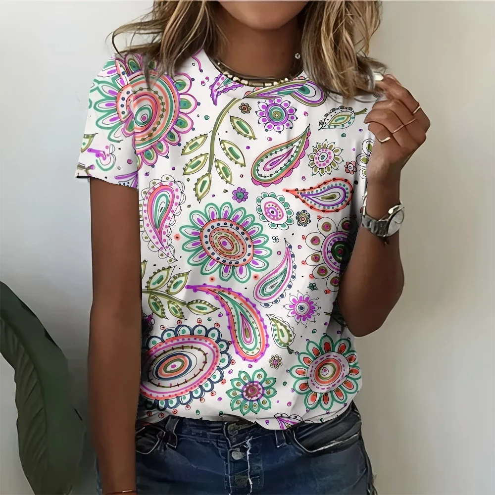 

Красочная женская футболка с рисунком пейсли, повседневная модная свободная удобная белая футболка с коротким рукавом