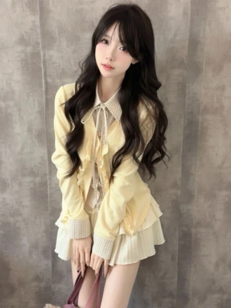 جديد خمر الحلو منقوشة 2 قطعة مجموعة المرأة الرجعية المرقعة كم طويل بلايز + تنورة صغيرة Harajuku موضة أنيقة تصميم وتتسابق
