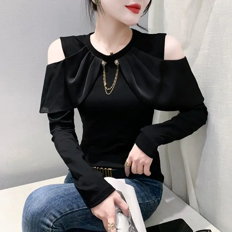 Spring Autumn Long Sleeve Off Shoulder Bottoming Shirt Hollow Out Slim Temperament T Shirt Tops Fashion Elegant Women Clothing