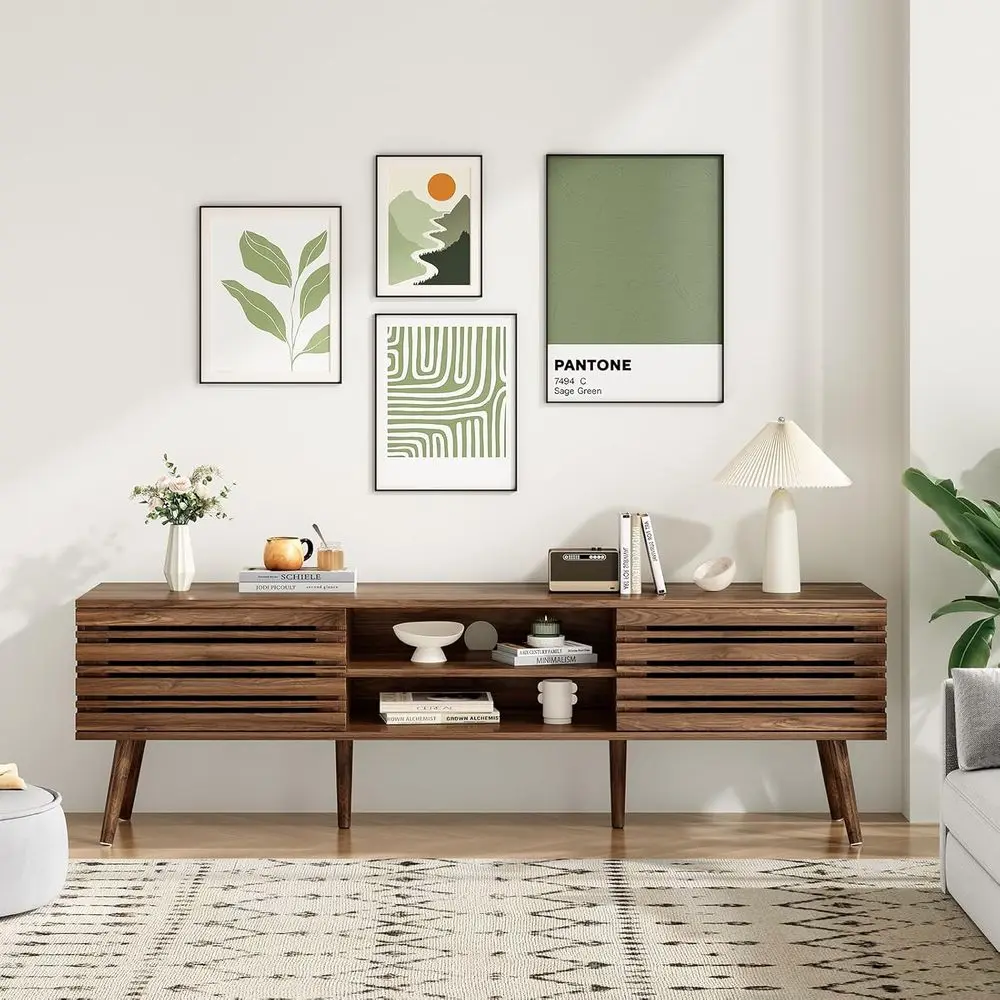 

70 TV Stand with Storage, Wooden Living Room Media Console, Bohemian Style Entertainment Center, Cable Management