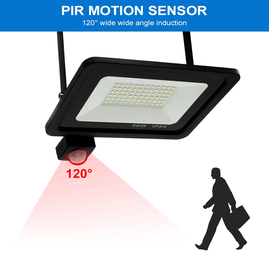 20W 30W 50W 100W LED Flood Light Outdoor PIR Motion Sensor IP66 AC220V Security Light for Garden Spotlight Exterior Wall Lamp