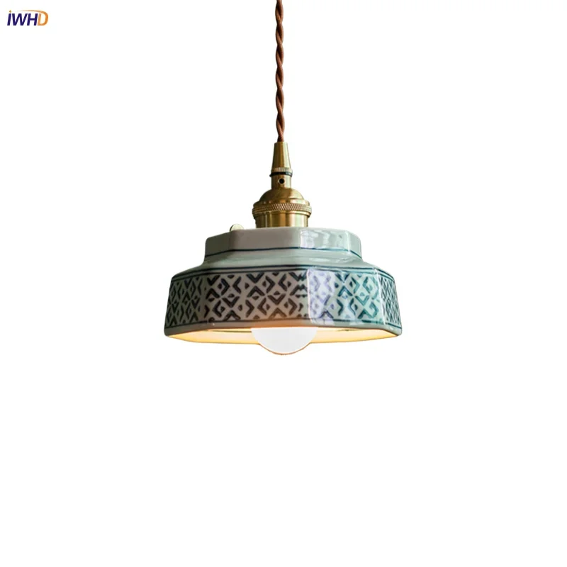 

IWHD Blue And White Porcelain Pendant Lamp Vintage Hanglamp Dining Hall Stairway Home Pendant Light Fixtures LED E27 90V-260V