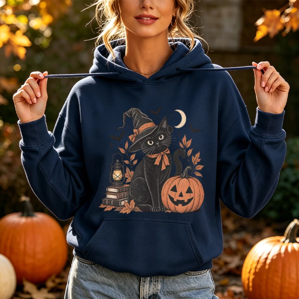 Halloween Witch Cat Pumpkin Graphic Hoodie Women Cute Spooky Animal Autumn Long Sleeve Casual Pullover Apparel Clothes Women