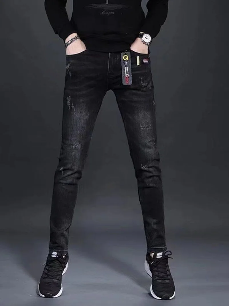 

Мужские джинсы Slim Fit, черно-серые, укороченные, повседневные, весенние, с эффектом потертости, эластичные, длинные брюки из хлопка, стрейч-деним