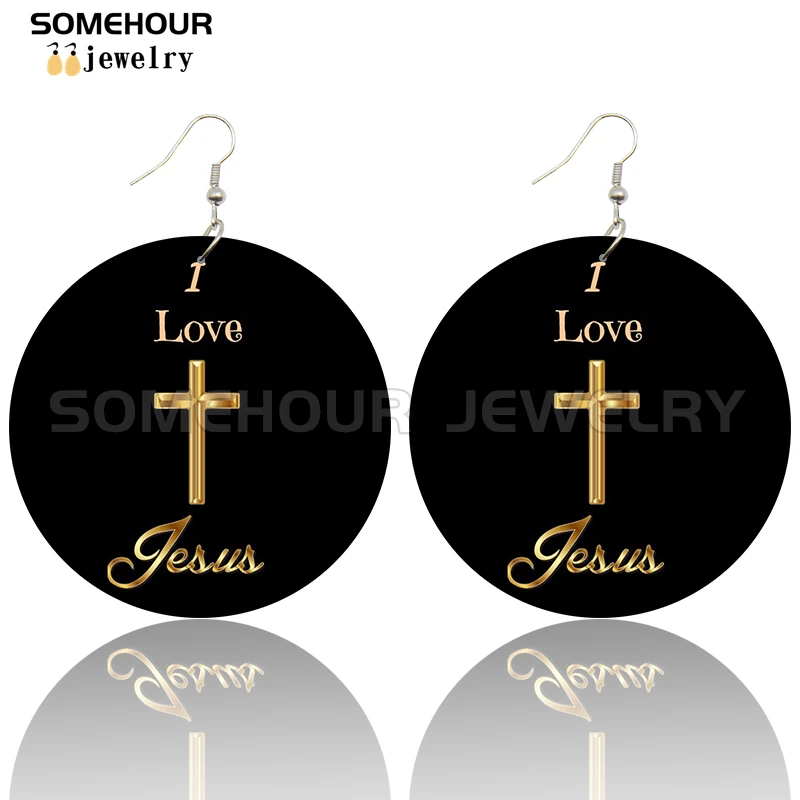 SOMEHOUR I Love Jesus Bible Sayings Printed African Wooden Drop Earrings God Inspired Religious Jewelry Christians Women Gifts