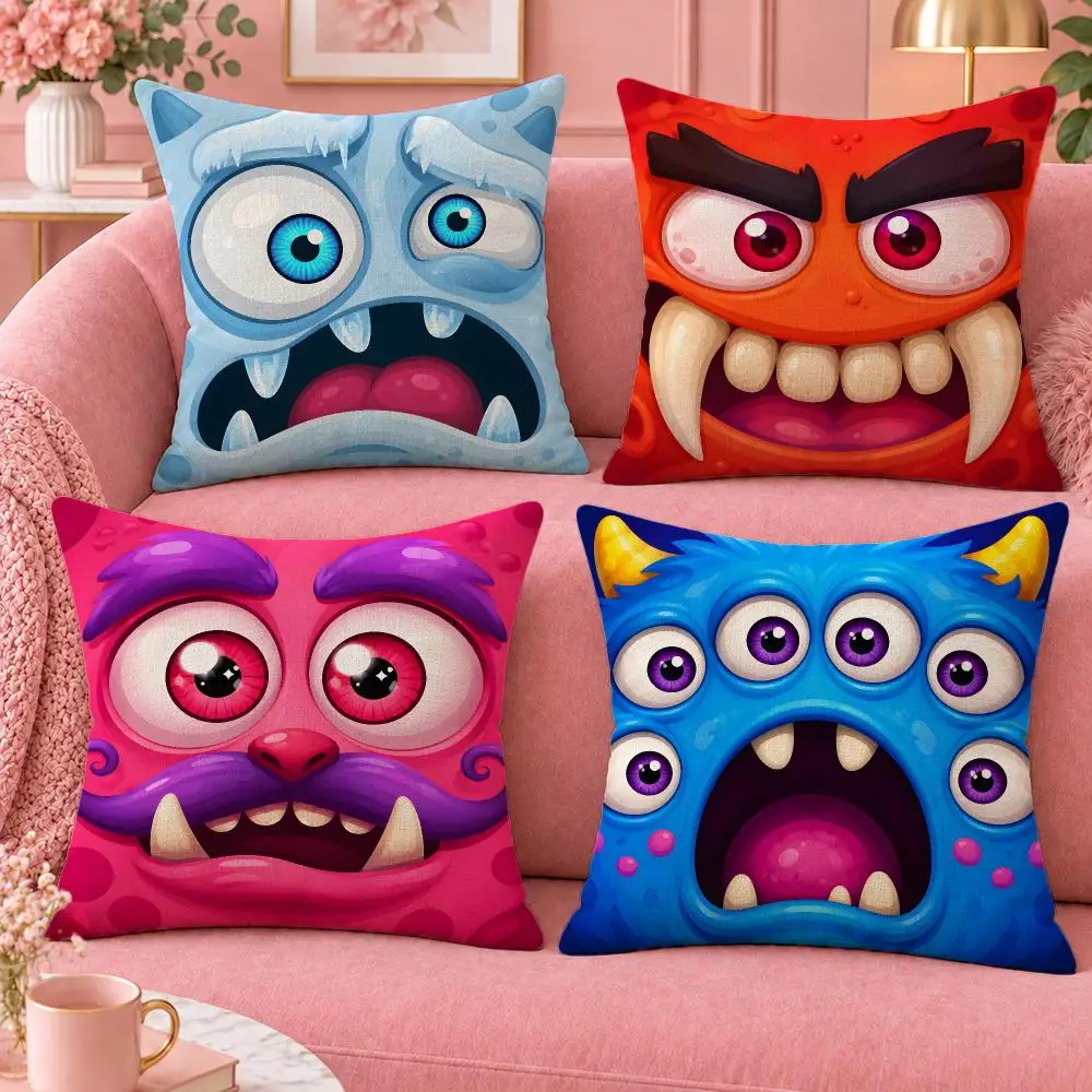 Art Funny Cartoon Monster Faces Cushion Cover Cute Cartoon Throw Pillow Cover Soft Plush Cushion Cover Sofa Bedroom Home Decor