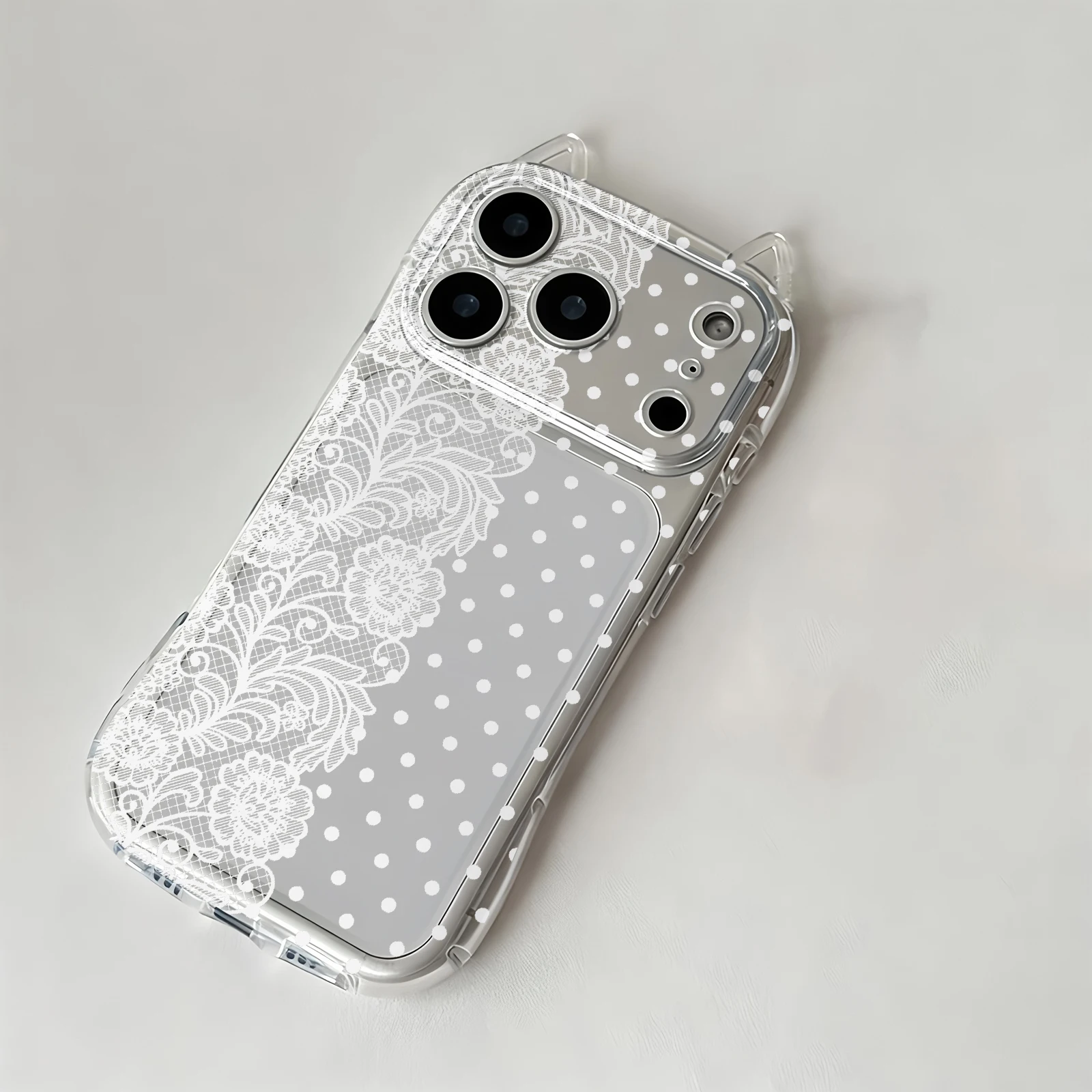 Coque de téléphone neuve en dentelle blanche style français romantique pour iPhone Air 17 Pro Max 16 Plus 15 14 13 12 11 Pro Max, avec oreilles de chat, coque arrière souple
