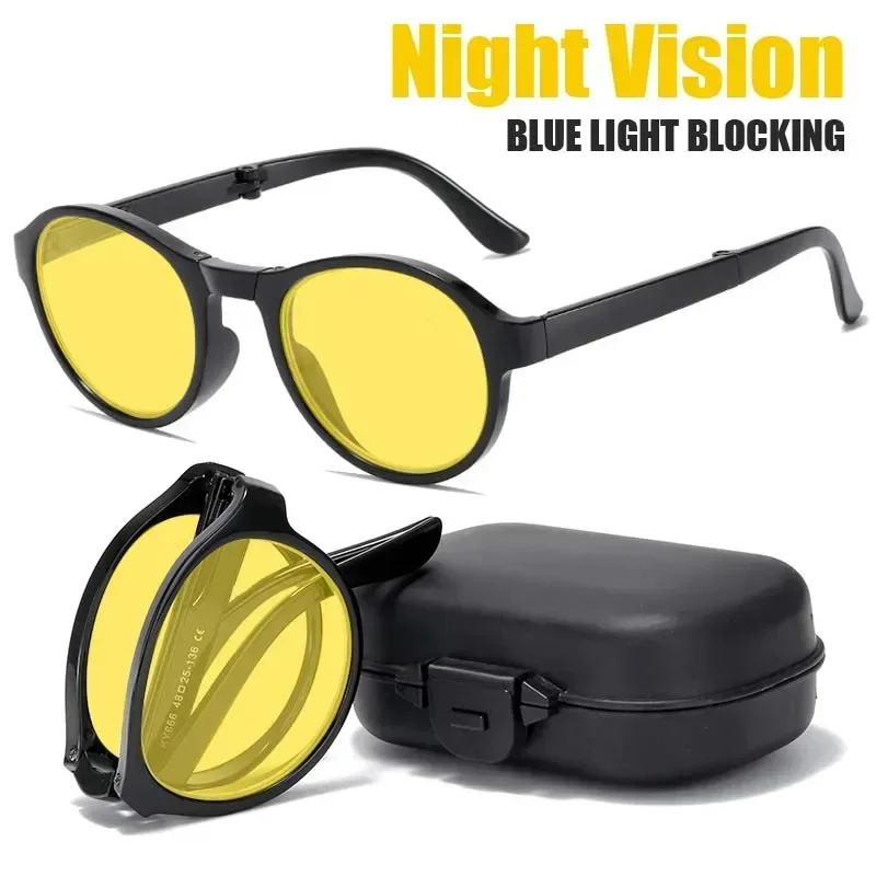 Foldable Night Vision Glasses with Box for Men Women Round Ultralight Blue Light Blocking Eye Protection Eyewear for Driving Car