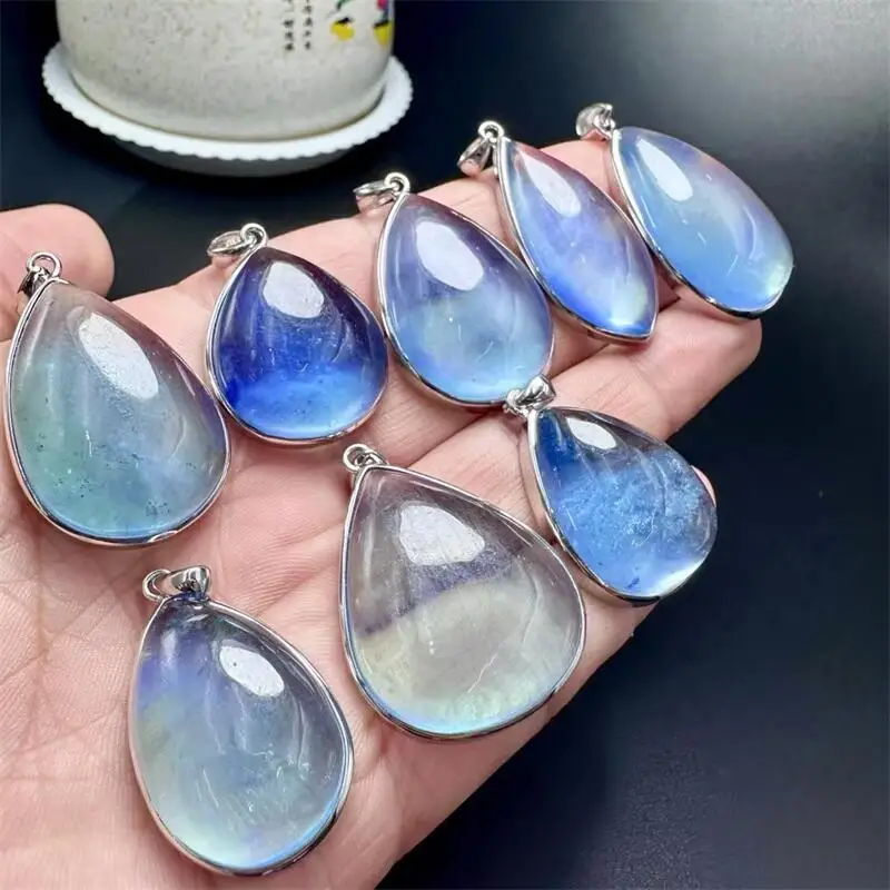 

S925 Natural Aquamarine Freeform Pendant Healing Fengshui Reiki Stone DIY Jewelry Accessories Holiday Gift