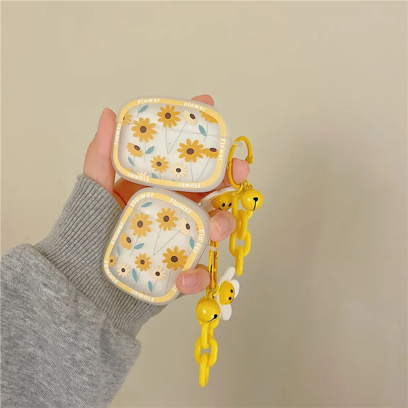 Fundas for AirPods Pro Case Korean Flower Cute Sunflower Pendant Keyring Headphone Case for Air Pods 1/2/3rd Soft Earphone Cover