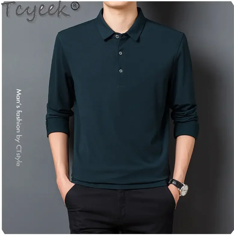 

Tcyeek Long Sleeves Top Men 100% Silk T-shirt for Men Clothing Business Casual T-shirts Spring Male Polo Shirt Camisas Y Blusas