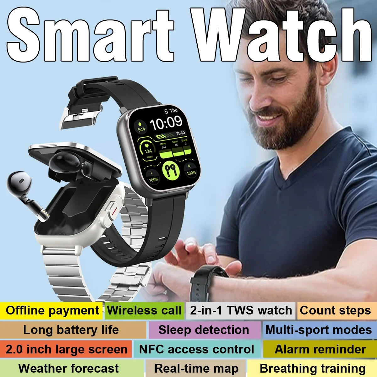 

New 2in1 Smartwatch Smart Watch Bluetooth Earphones for Woman Men GPS Track Heart Rate Monitor Play Music SmartWatch