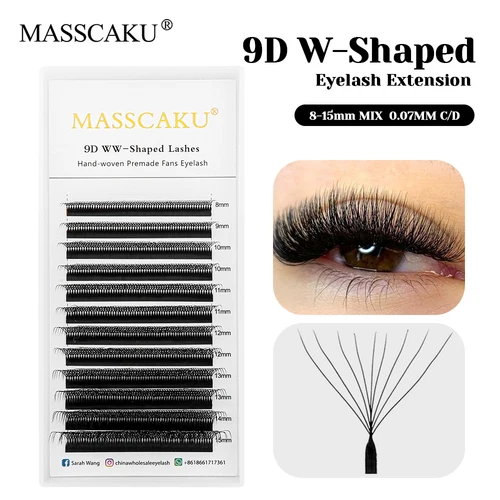 MASSCAKU Aspecto Natural Mate Negro Oscuro 4D 6D 10D W Estilo Pestañas Todos los Tamaños Fibra de Terciopelo Premium Pestañas en Forma de W para Salón de Belleza
