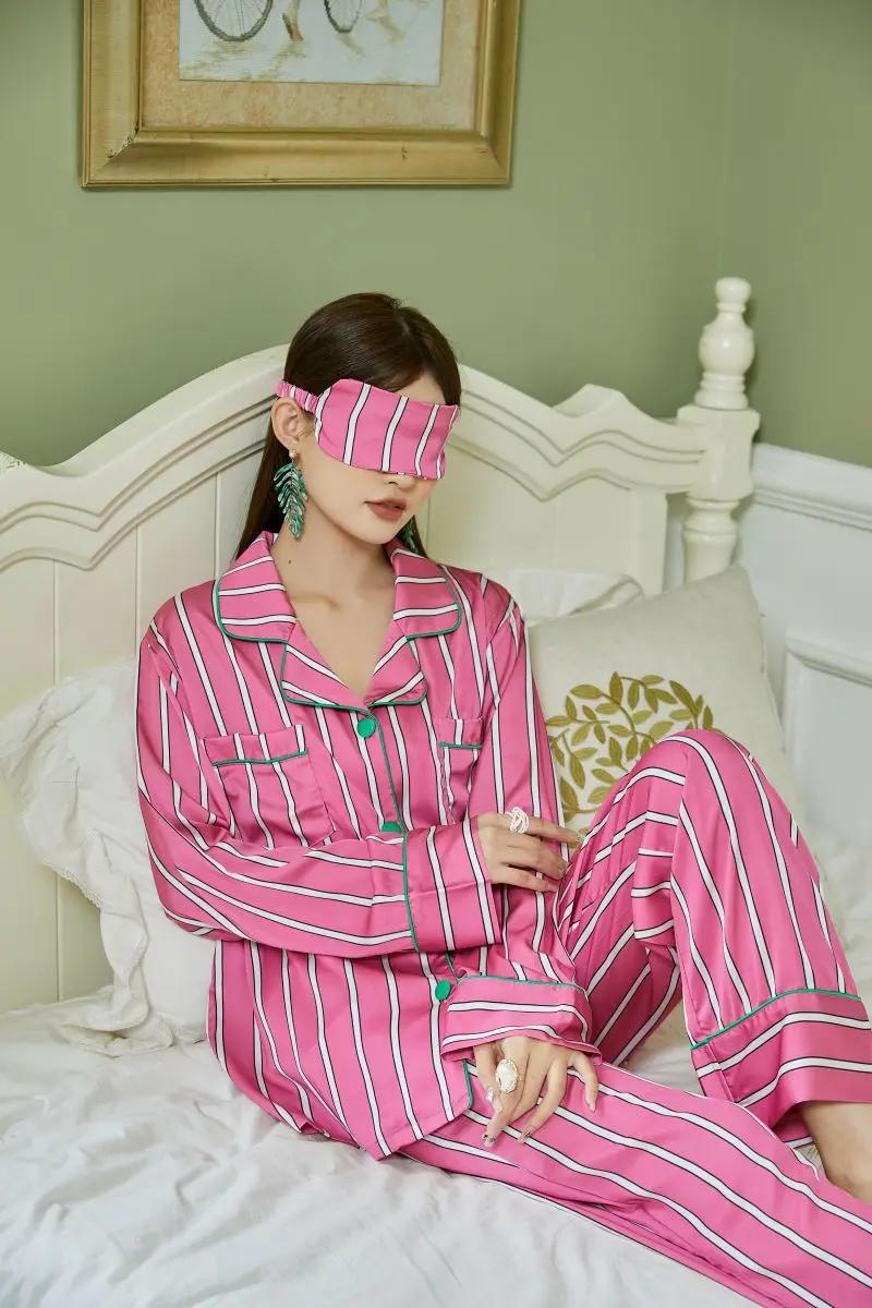 2024 Spring New Satin Stripe Sleepwear Long Sleeved Women Pajamas Set Ice Silk Printed Fashion Pyjamas Home Suit