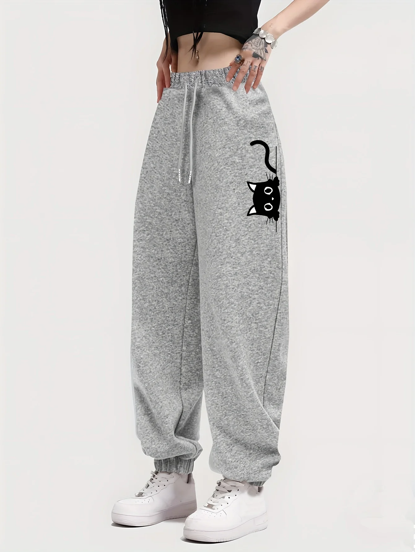 Black Cat Pattern Casual Jogger Pants Drawstring Elastic Waist Slant Pockets Sports Sweatpants Women's Athleisure