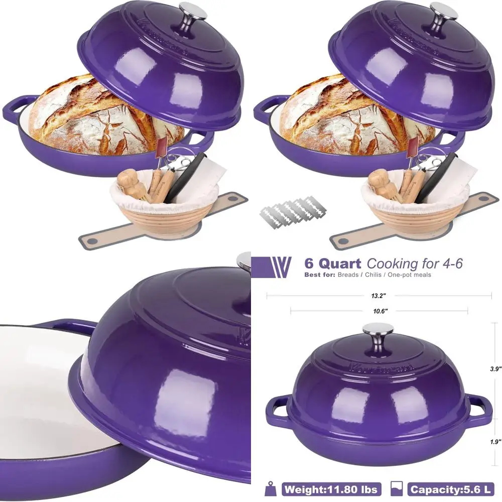

Purple 6-Quart Enamel Cast Iron Dutch Oven with Lid, Perfect for Sourdough Bread Baking and Proofing
