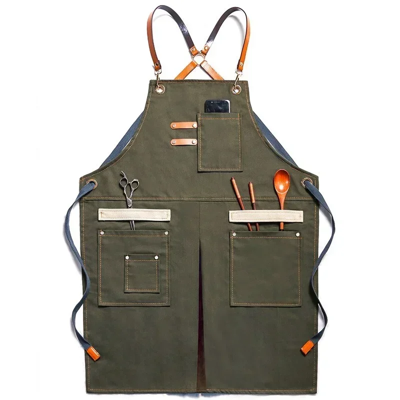 

Heavy Duty Canvas Unisex Cross Straps Adjustable Salon Hairdresser Bib PU Leather Apron for Men Hair Apron