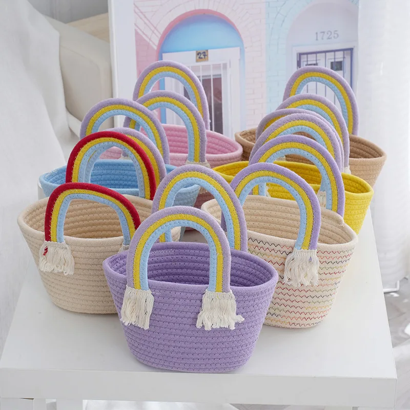 

Rainbow Cotton Thread Woven Handbag Versatile Cloud Beach Woven Bag Cotton Rope Basket Travel Gift Bag