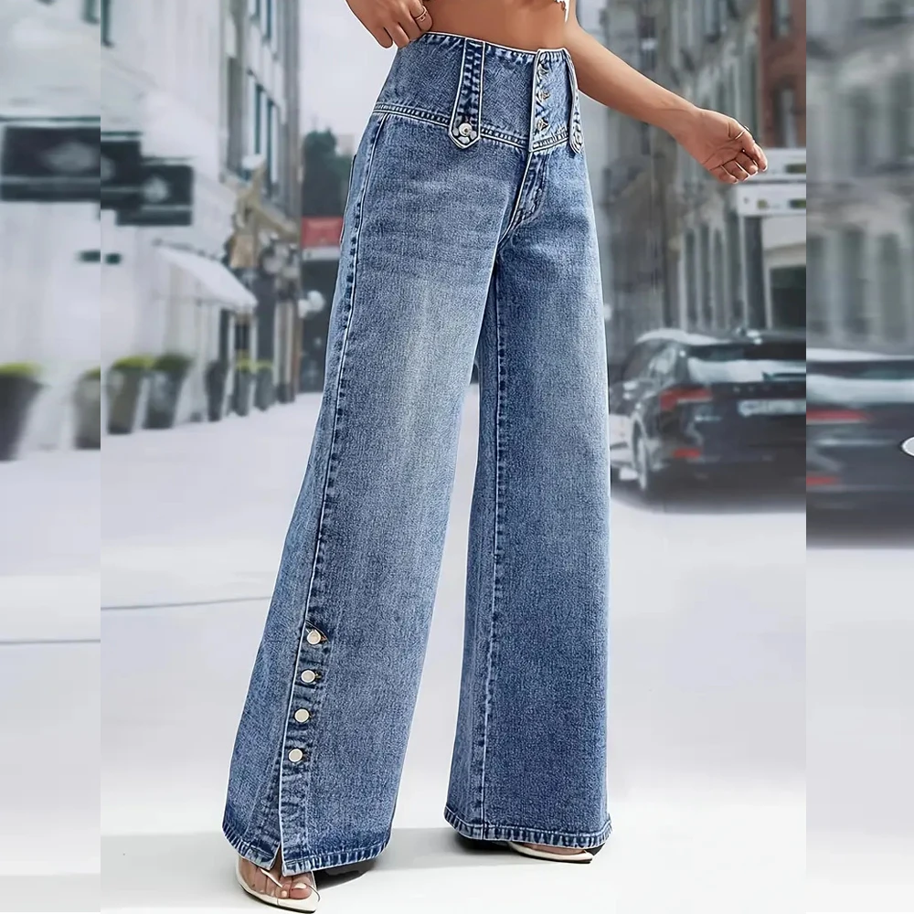 Trendy Straight Jeans Women Ankle Split Denim Pants Luxury Niche Design Single Breasted Button Wide Leg Trousers Harajuku Y2k