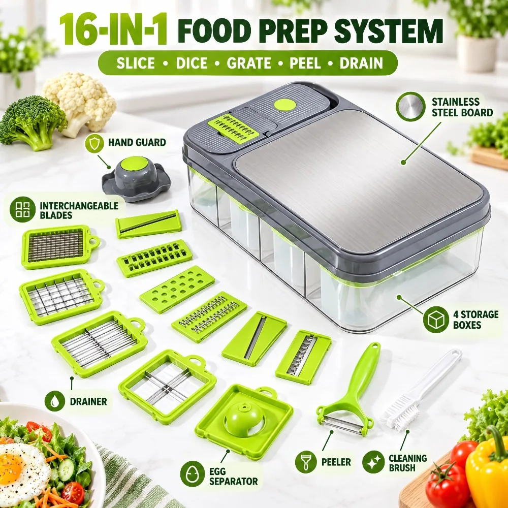Updated 16 IN 1 Safe Mandoline Slicer with Container Vegetable Chopper Food Slicer Dicer Grater Peeler Kitchen Chopping Artifact