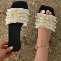 Women's Slippers 2023 Flat Heel Tassel Slippers Double Gold Belt Decorative Tassel Flip-flop Women's Summer Slippers