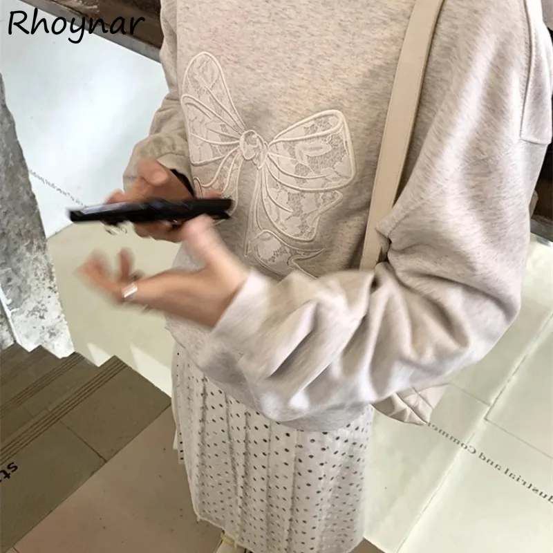 Embroidery No Hat Hoodies Women Autumn Sweet Girls Designed Lace Patchwork Leisure All-match Korean Style High Street Attractive