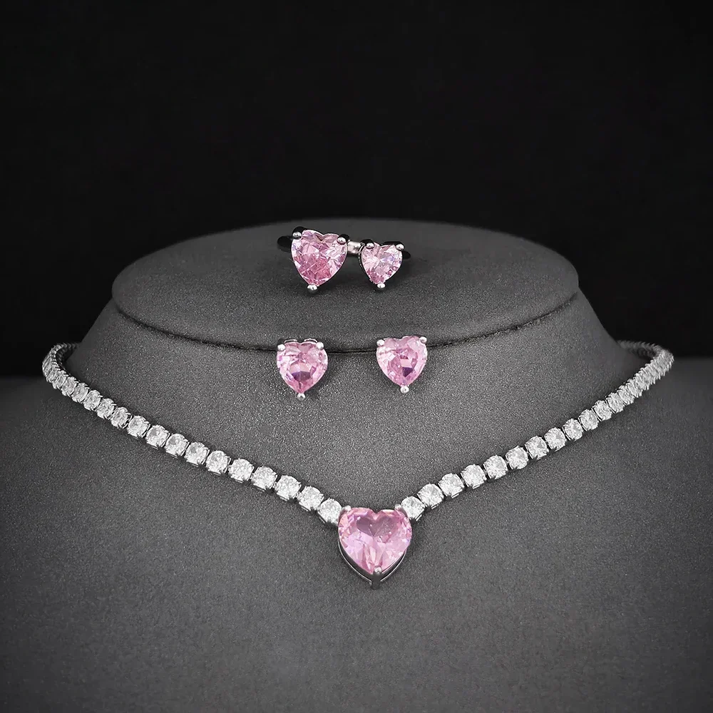 Moonso Luxury Pink Color Heart Jewelry Set for Women Lady Valentine's Day gift Jewelry Wholesale e4877-r8107-x8320