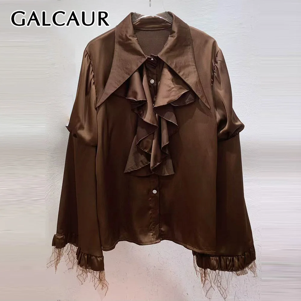 

GALCAUR Solid Spliced Fungus Chic Shirt Female Lapel Long Sleeve Loose Minimalist Casual Women's Shirts Autumn Fashion New Style