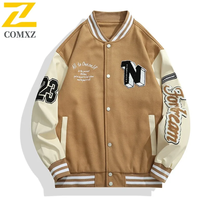 

COMXZ Casual All-Match Suede Baseball Jacket Coat Men's Baseball Collar Jacket Trendy Fashion Menswear lightweight windbreaker