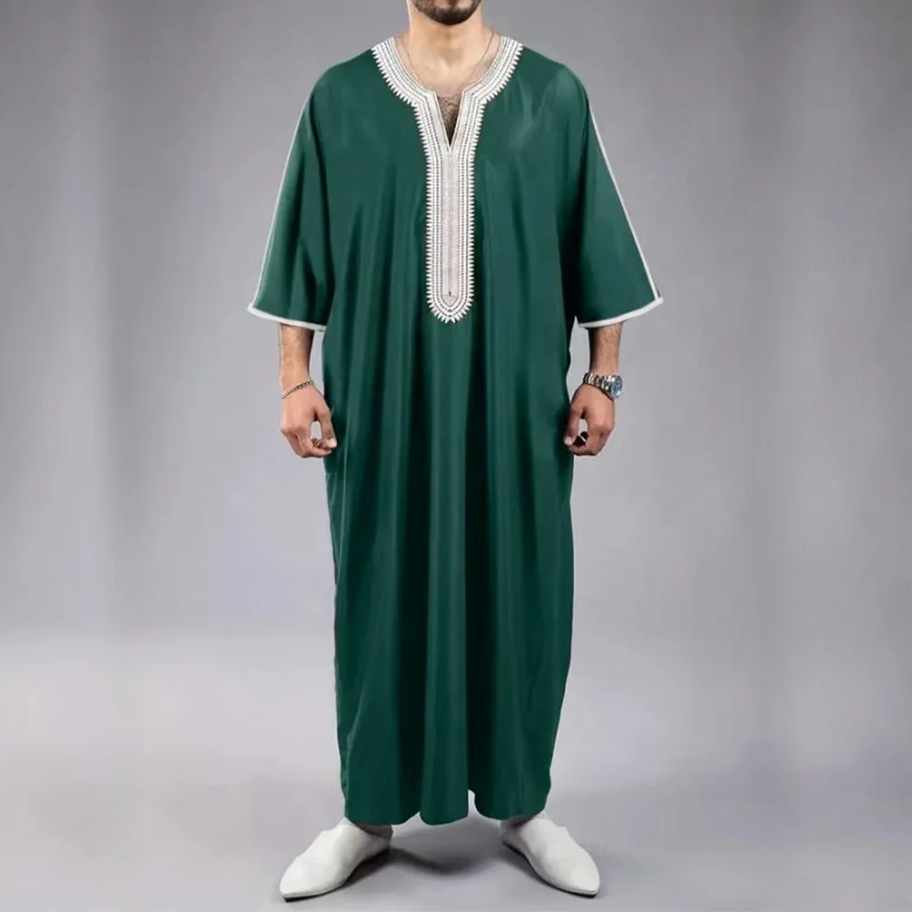 Islamic Loose Abaya Men's Muslim Abaya Short Sleeve Embroidered Moroccan Arabic Style Traditional Abaya for Men