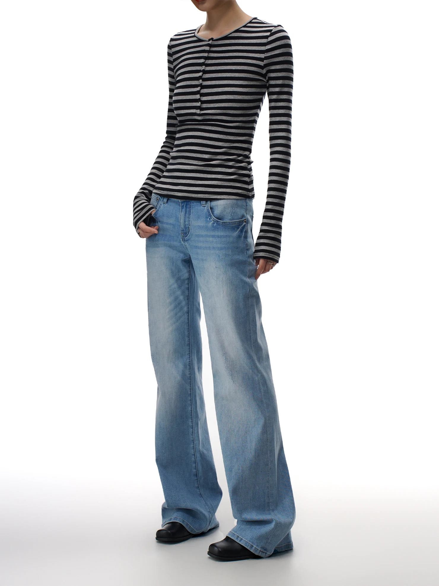 Low Waist Bell Bot Denim Jeans Women's Spring New Sle Ripped Wave Pattern Slimming Narrow Version Not Tight Long Pants