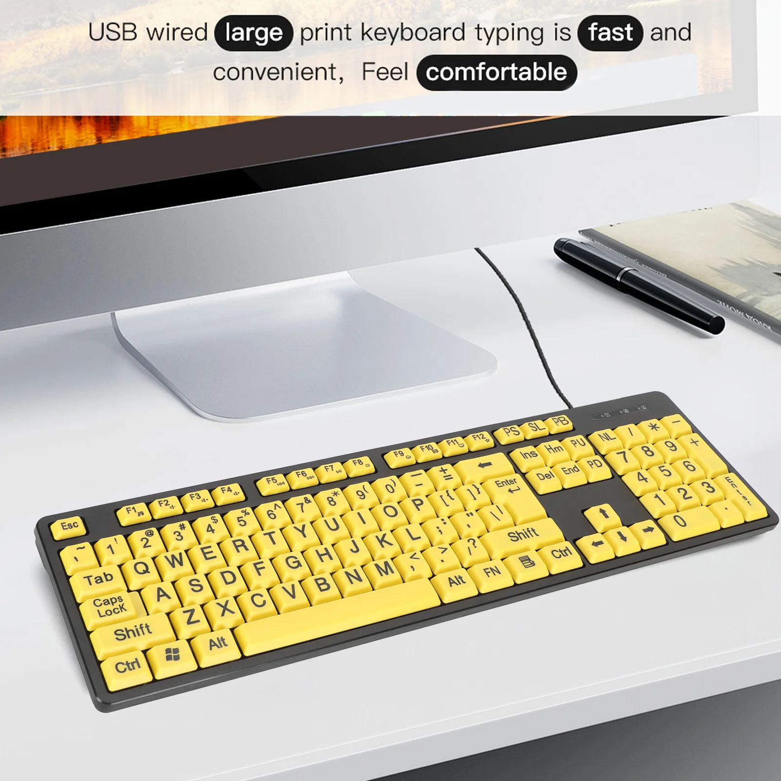 104 Keys Large Print USB Wired Keyboard – Yellow High Contrast Keycaps for Students, Elderly, Visually Impaired Users