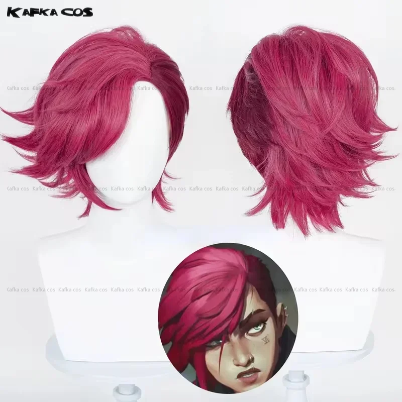 League of Legends Game LoL Arcane Vi Cosplay Short Rose Red Wig Heat Resistant Synthetic Hair For Women Men Halloween