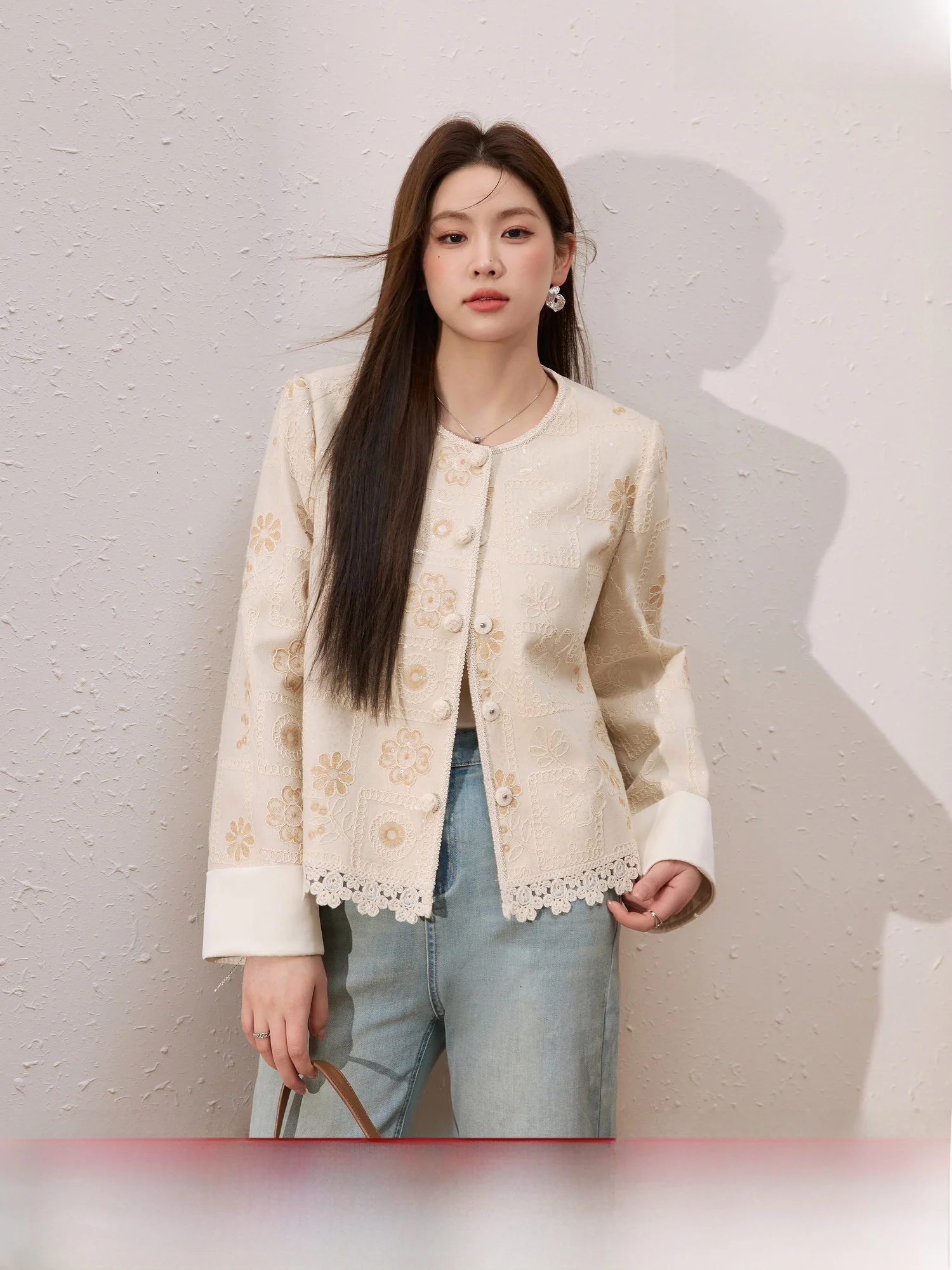 

Синий женский свободный универсальный топ большого размера из хлопка и льна, весенняя новинка, с вышивкой, тяжелая вышивка, Jaet