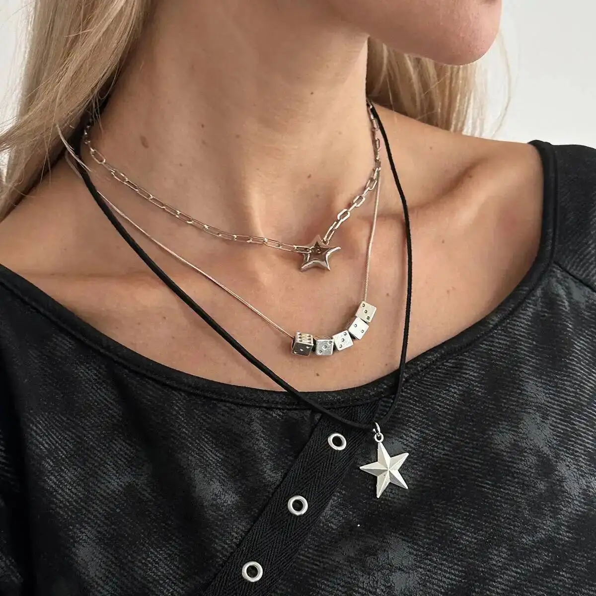 

Ingemark 3Pcs/Set Goth Dice Star Pendant Choker Necklace for Women Fashion Statement Vintage Adjustable Chain New Year Jewelry