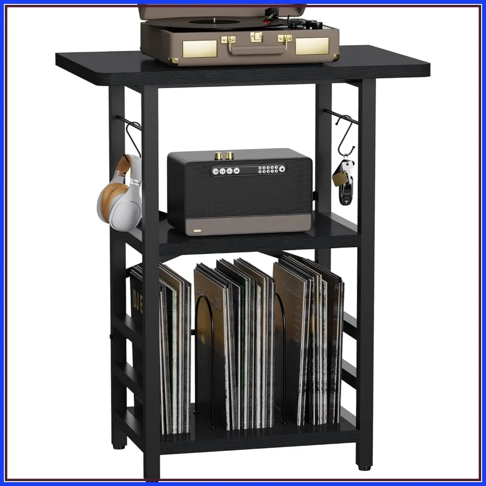 

Large Record Player Stand with Extended Desktop, Turntable Table with Vinyl Storage & Display Shelf for Music Room, Modern Black