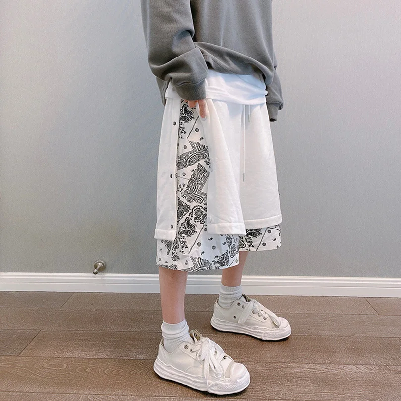 Men's Faux 2 Layer Breasted Bandana Shorts Spring Summer High Street Pants Oversize Paisley Harajuku Hip Hop Trousers 2025 Z1A1