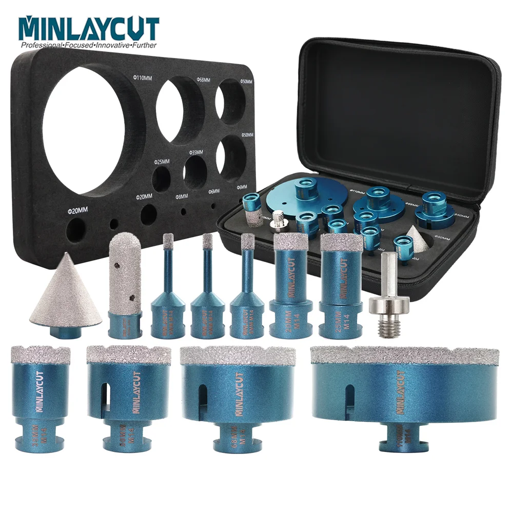 

MINLAYCUT 12Pcs Diamond Drill Bits Set Dia6-110mm Hole Saw For Tile Granite Marble Stone Milling Core Chamfer Bit Adapter Kit
