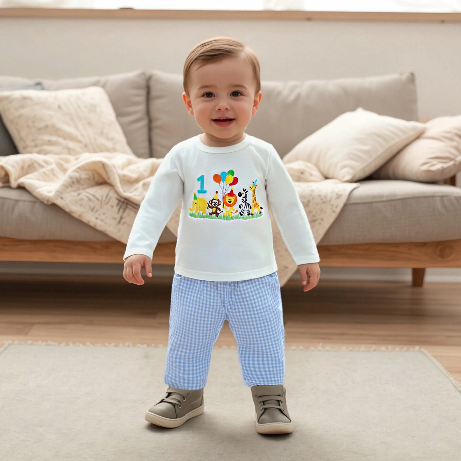 

Baby Clothing Boy First Birthday Outfit Animal Print Long Sleeve T-shirt and Plaid Pants Newborn Clothes Set