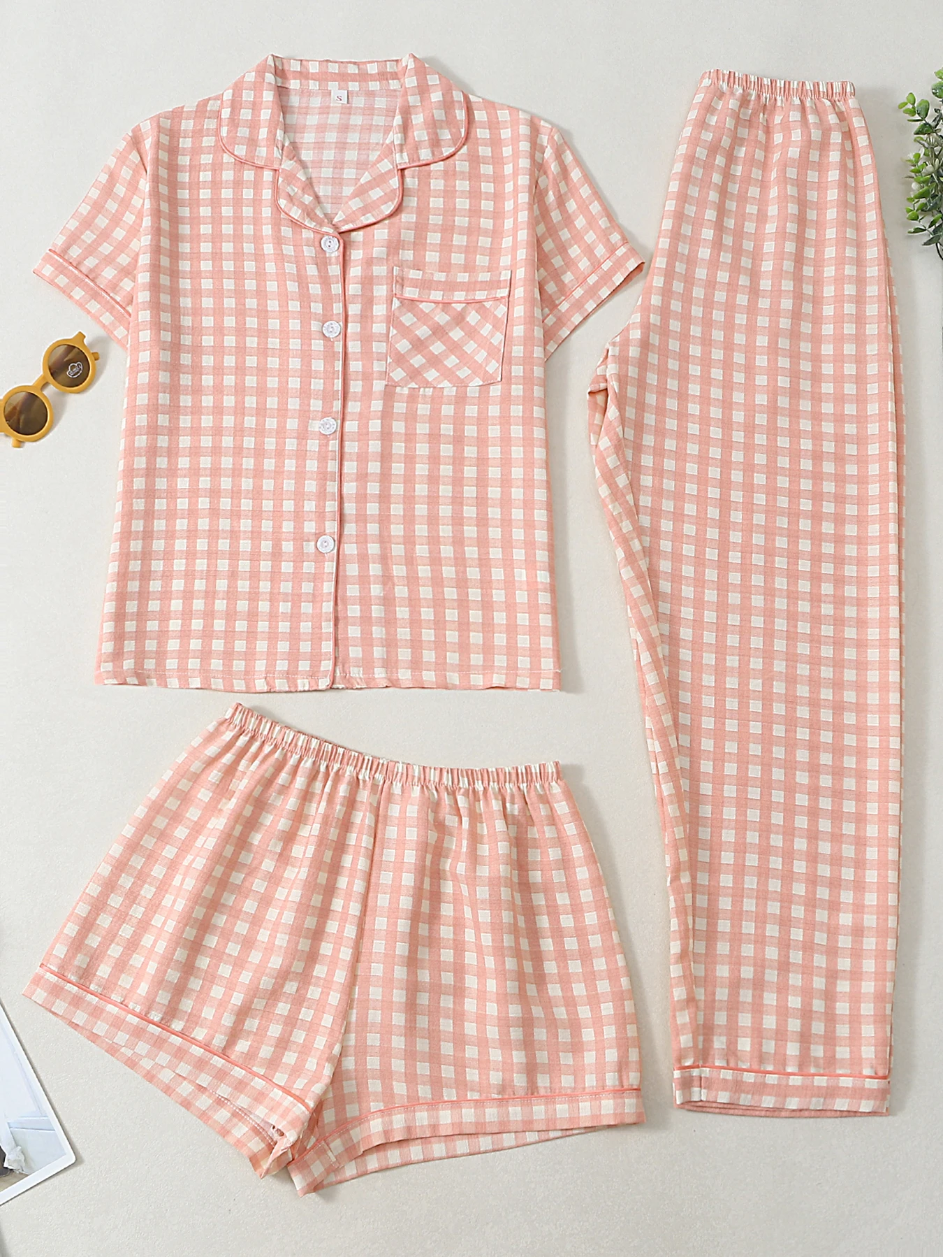 

Women Pajamas Notch Lapel Short Sleeve Shorts Pants 3 Piece Set Spring Summer Fall Cute Print Homewear Loungewear
