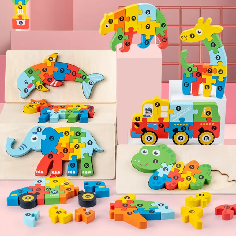 

3D Jigsaw Puzzle Cartoon Wooden Children's Building Blocks Toddlers Toys Early Education Color Sorting Learning Educational Toys