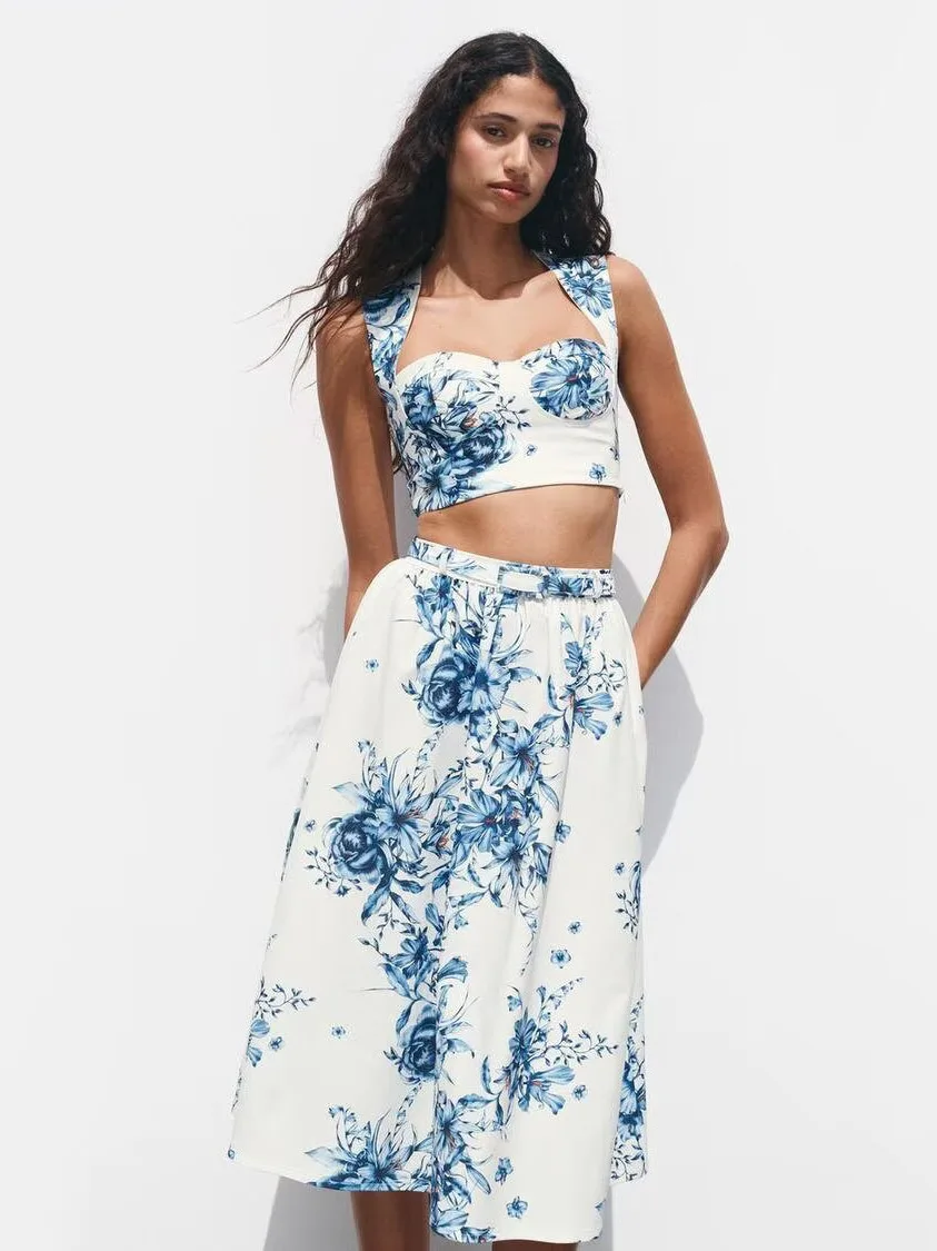 봄 신상 여성 프린트 하트 칼라 민소매 탑 하프 스커트 A라인 하이웨이스트 프렌치 스타일 스탠다드 에디션