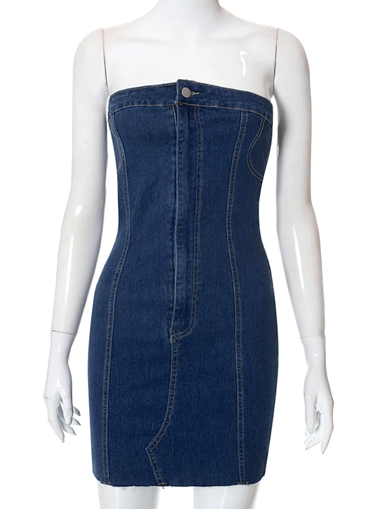 Taruxy Off Shoulder Denim Jurk Vrouwen Zomer Mouwloze Backless Sexy Mini Bodycon Jurken Elegante Knop Y2K High Street Jurk