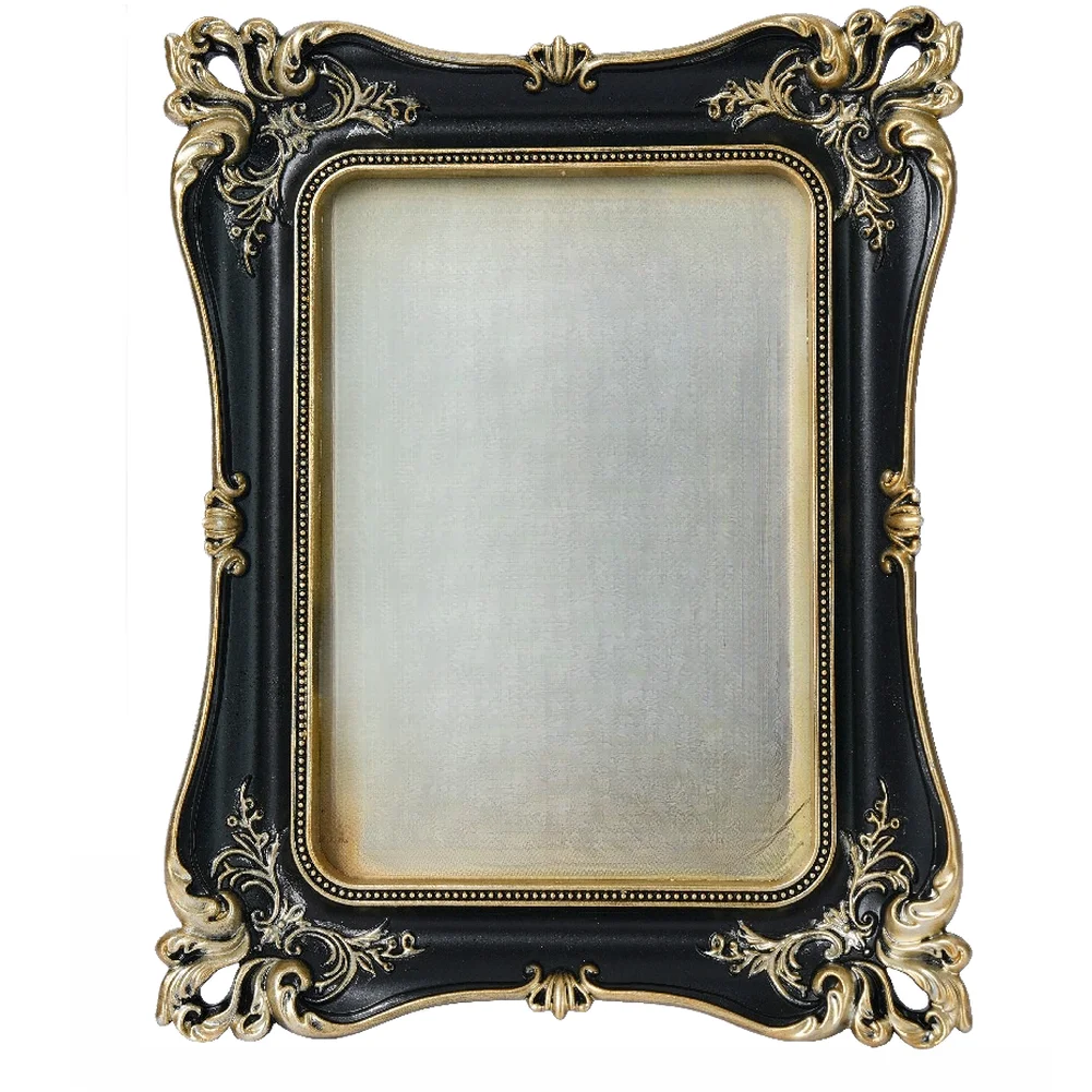 Stylish Resin Frame in Black Gold Combination with Geometric Outline and Floral Carving Fits Standard 5x7 Inch Photo Dimensions