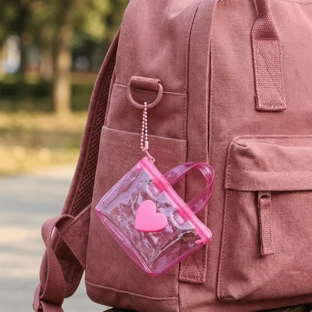 Portable transparent Mini Storage Bag Solid Color Heart-Shaped Handheld Keychain Waterproof Earphone Bag Travel
