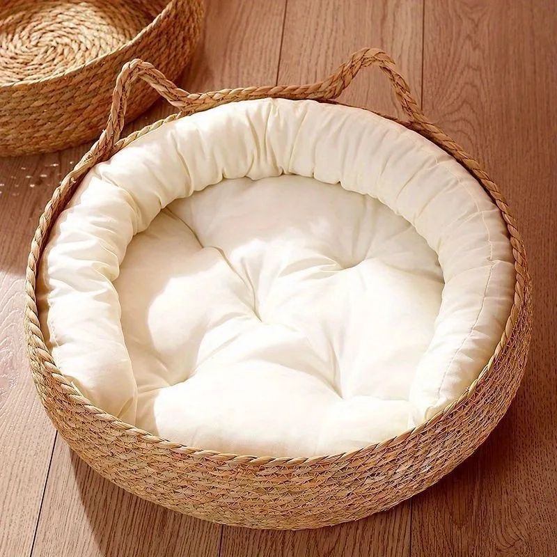 

17-inch Round Cat Bed with Plush Cotton & Natural Rattan - Soft Bamboo Mat & Pillow, Cozy Indoor Pet Nest for Cats, Puppies