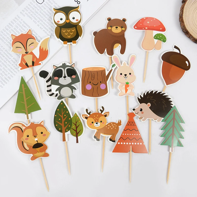 1Set Cartoon Animal Fox Rabbit Cupcake Topper Safari Animals Theme Wild One Birthday Party Baby Shower Cake Decoration