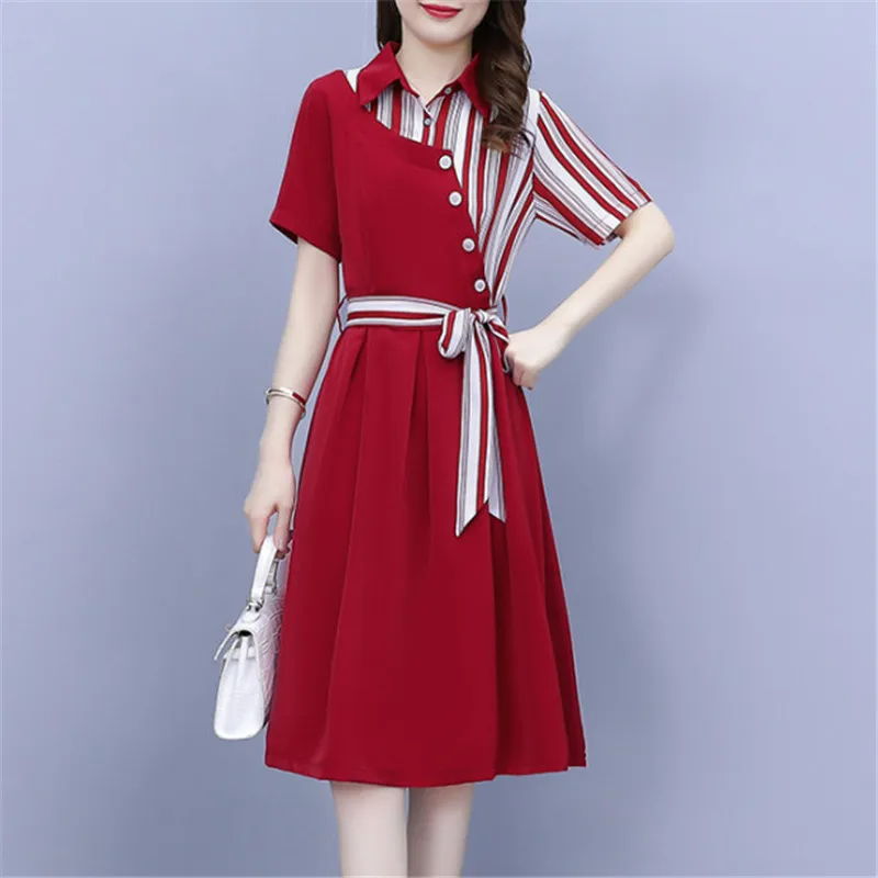 Oversize Elegant Slim Patchwork Women Dress 2024 Summer New Fashion Short Sleeve Turn Collar Button Belt Female Dresses