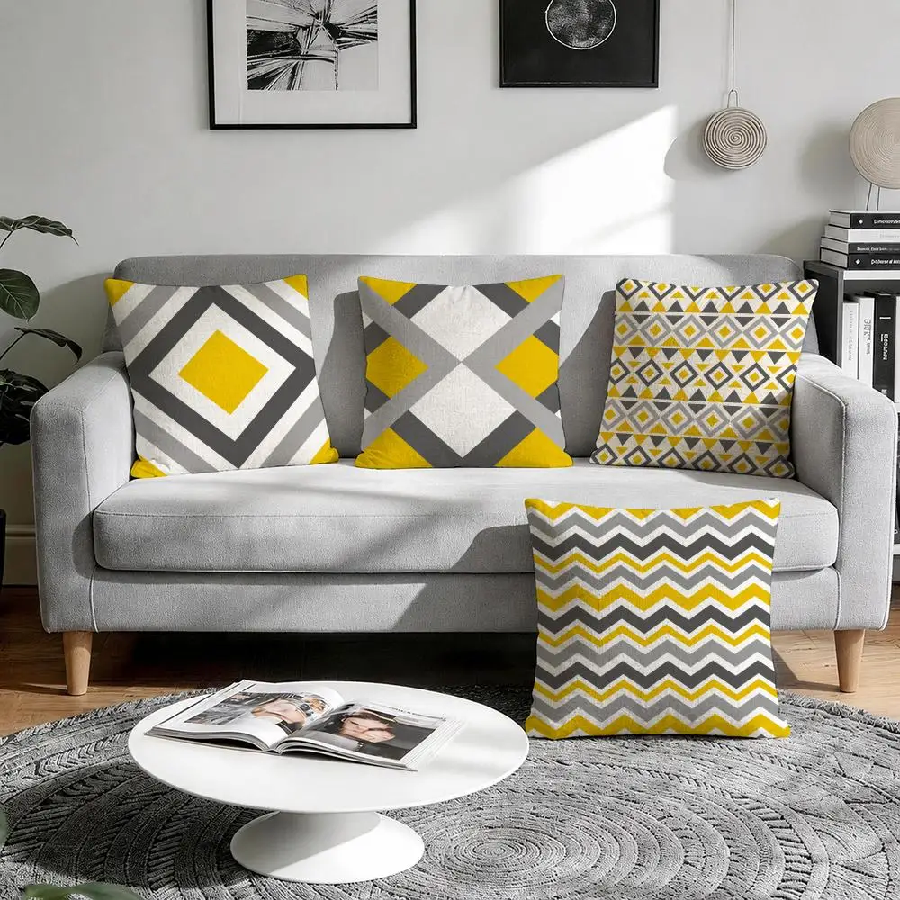 Yellow Gray Geometry Minimalist Cushion Cover 1/4Pcs Linen Throw Pillow Covers Double-Side Print Sofa Couch Living Room Decor
